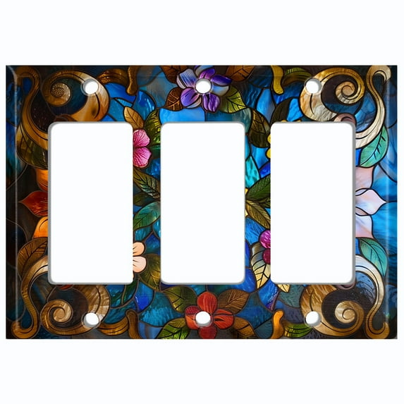 Metal Light Switch Wall Plate Outlet Cover (Vibrant Stained Glass Flowers - Triple GFI/Rocker)