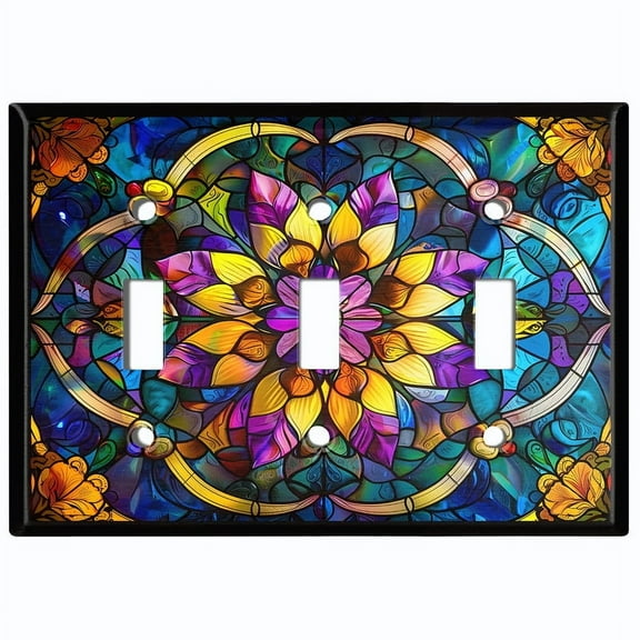Metal Light Switch Wall Plate Outlet Cover (Vibrant Stained Glass Sunflower - Triple Toggle)