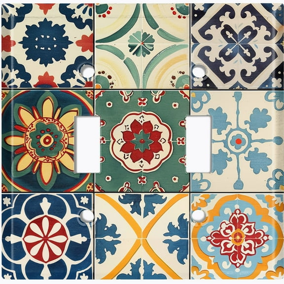 Metal Light Switch Wall Plate Outlet Cover (Vibrant Talavera Tiles - Double Toggle)