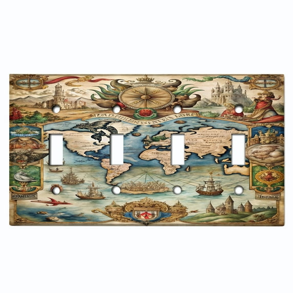 Metal Light Switch Wall Plate Outlet Cover (Victorian Era World Map - Quad Toggle)