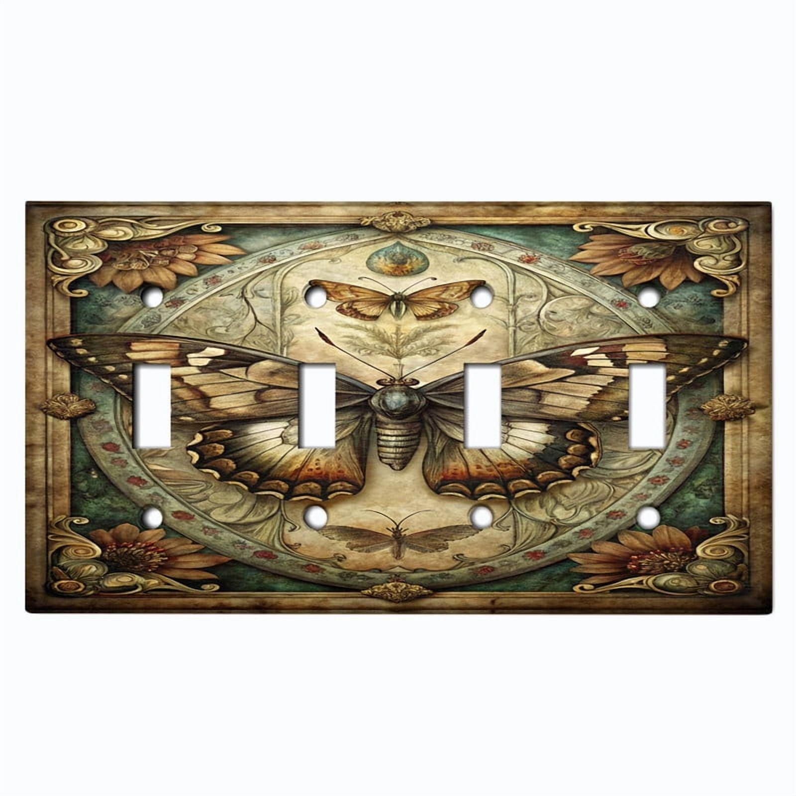 Metal Light Switch Wall Plate Outlet Cover (Vintage Butterly Portrait - Quad Toggle)