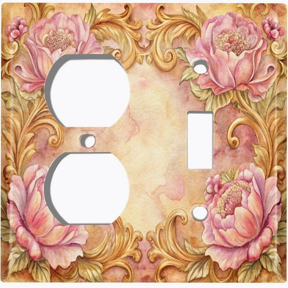 Metal Light Switch Wall Plate Outlet Cover (Vintage Flower Frame - 2 Gang Duplex/Toggle)