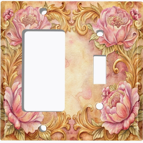 Metal Light Switch Wall Plate Outlet Cover (Vintage Flower Frame - 2 Gang GFI Rocker/Toggle)