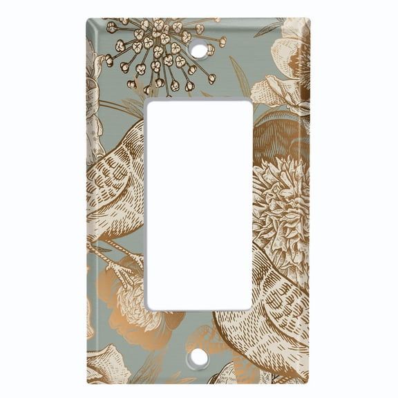 Metal Light Switch Wall Plate Outlet Cover (Vintage Gold Bird Botanical Pattern - Single GFI/Rocker)