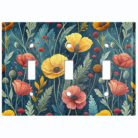 Metal Light Switch Wall Plate Outlet Cover (Vintage Poppy Flowers - Triple Toggle)