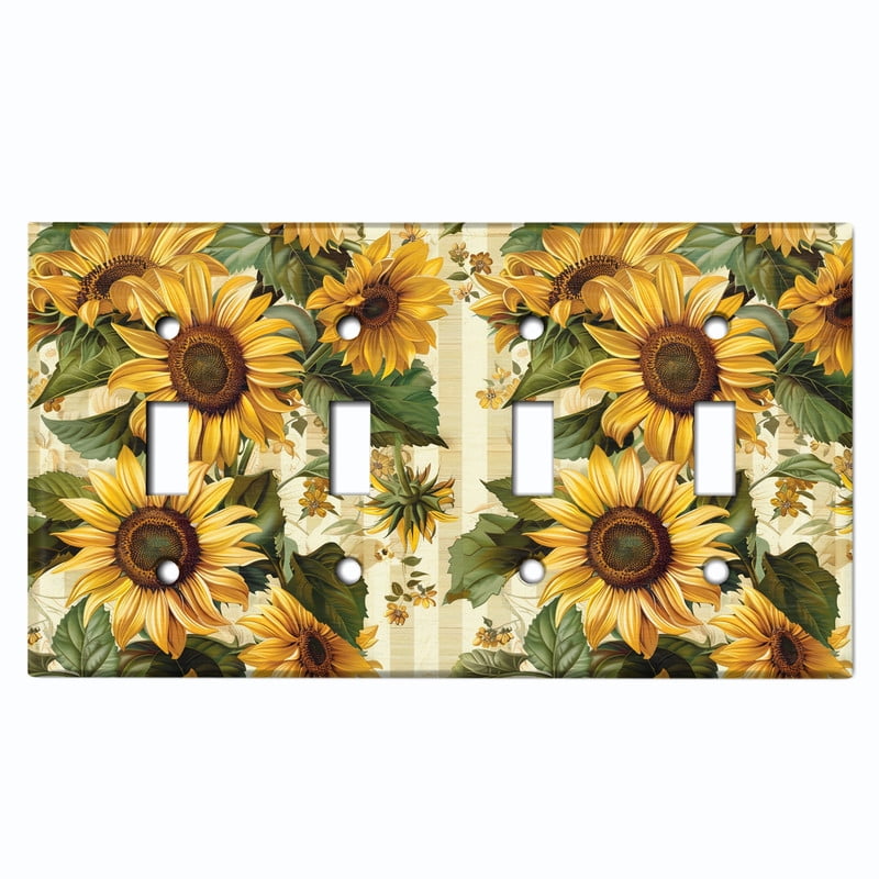 Metal Light Switch Wall Plate Outlet Cover (Vintage Sunflowers - Quad Toggle)