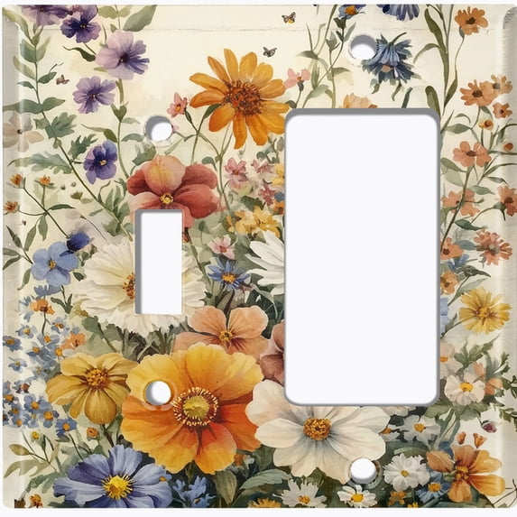 Metal Light Switch Wall Plate Outlet Cover (Vintage Wildflowers - 2 Gang Toggle/GFI Rocker)