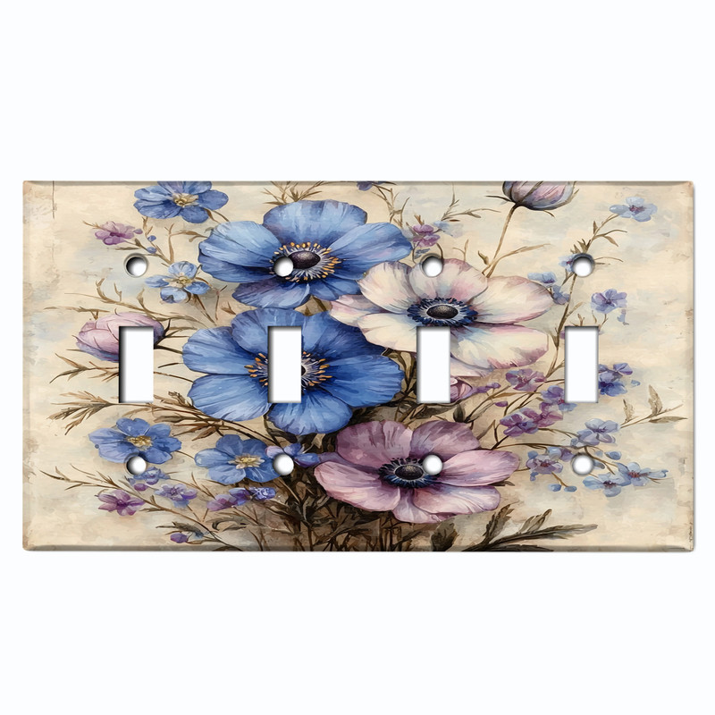 Metal Light Switch Wall Plate Outlet Cover (Vintage Wildflowers - Quad Toggle)