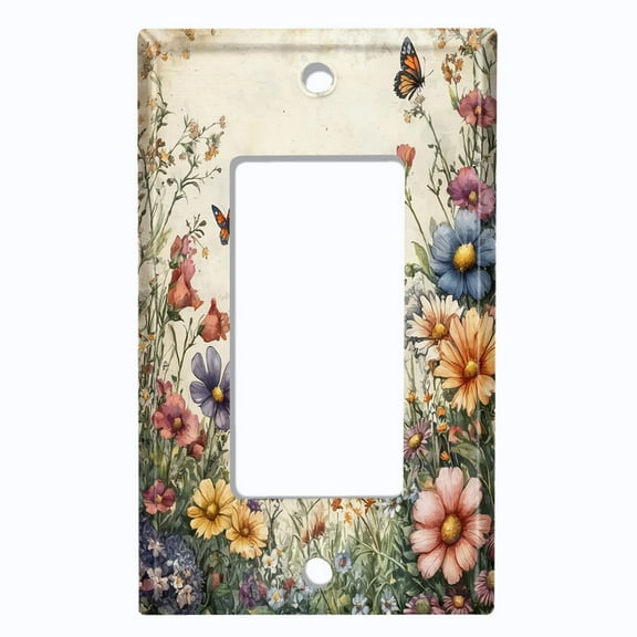 Metal Light Switch Wall Plate Outlet Cover (Vintage Wildflowers with Butterflys - Single GFI/Rocker)