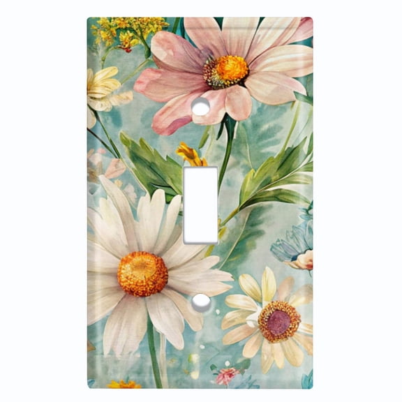 Metal Light Switch Wall Plate Outlet Cover (Watercolor Daisy Flowers - Single Toggle)