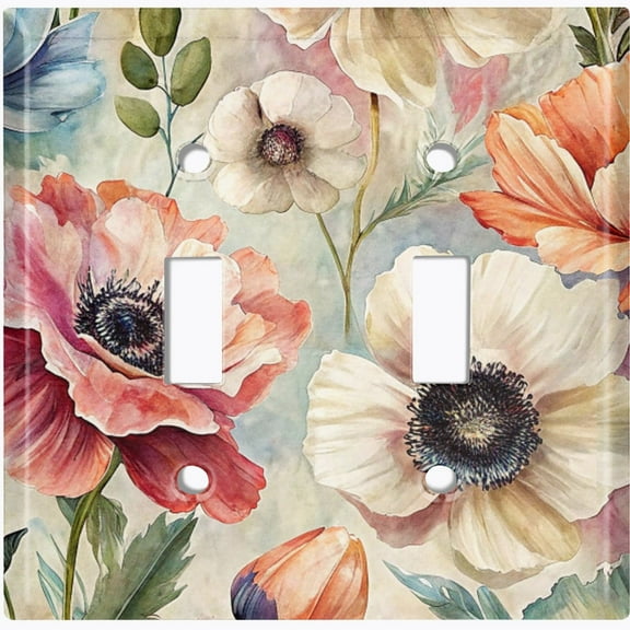 Metal Light Switch Wall Plate Outlet Cover (Watercolor Poppy Flowers - Double Toggle)