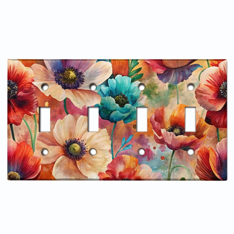 Metal Light Switch Wall Plate Outlet Cover (Watercolor Poppy Flowers - Quad Toggle)