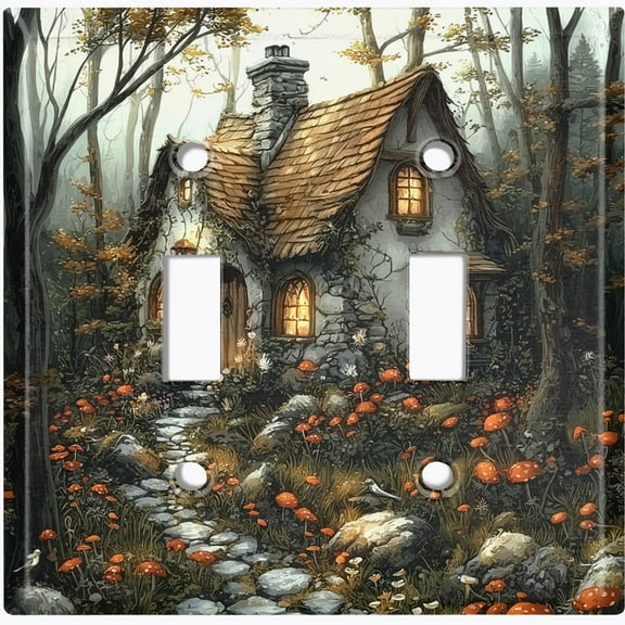 Metal Light Switch Wall Plate Outlet Cover (Whimsical Forest Cottage with Mushrooms - Double Toggle)