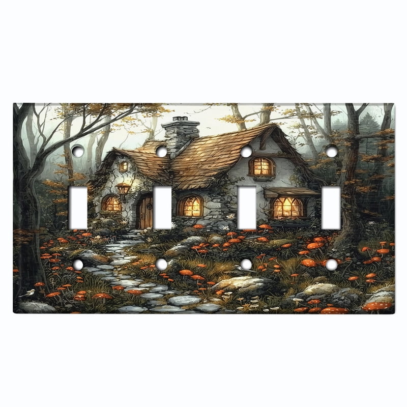 Metal Light Switch Wall Plate Outlet Cover (Whimsical Forest Cottage with Mushrooms - Quad Toggle)