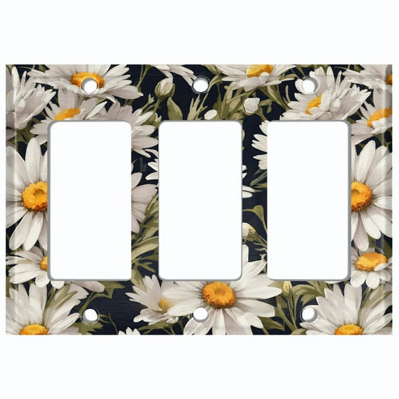 Metal Light Switch Wall Plate Outlet Cover (White Daisy Pattern - Triple GFI/Rocker)