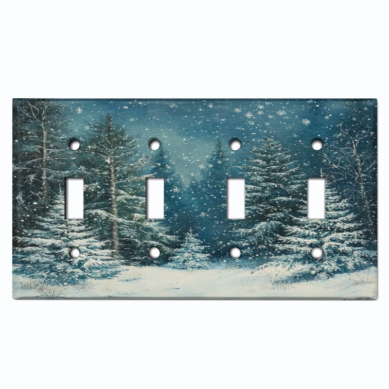 Metal Light Switch Wall Plate Outlet Cover (Winter Night Snowy Forest - Quad Toggle)