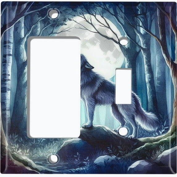 Metal Light Switch Wall Plate Outlet Cover (Wolf Howling in an Enchanted Forest - 2 Gang GFI Rocker/Toggle)