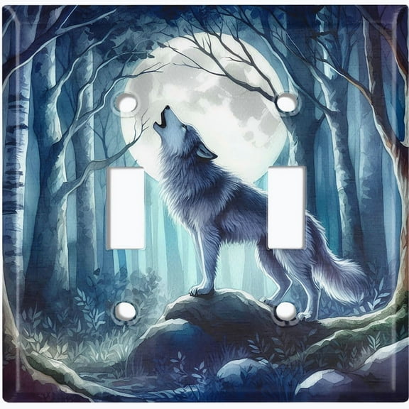 Metal Light Switch Wall Plate Outlet Cover (Wolf Howling in an Enchanted Forest - Double Toggle)