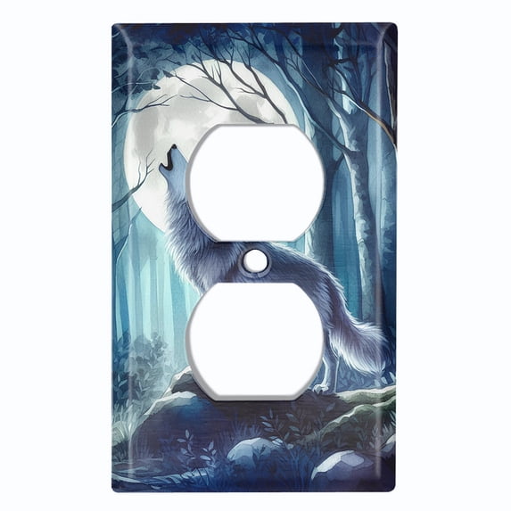 Metal Light Switch Wall Plate Outlet Cover (Wolf Howling in an Enchanted Forest - Single Duplex)