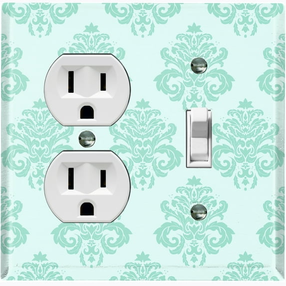 Metal Light Switch Wall Plate Outlet Rocker Cover (Damask Flower Teal Pattern Teal - Single Duplex Single Toggle)