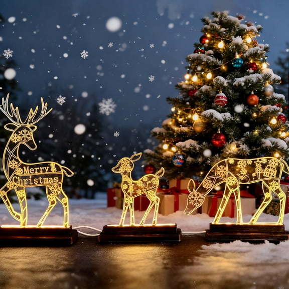 Metal Lighted Christmas Deer Decoration Light Up Reindeer Figurine with Wooden Base for Indoor Outdoor Home Yard Tabletop Decor