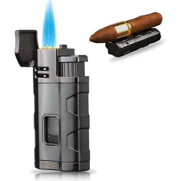 Metal Lighter Triple Jet Flame Refillable Butane Cigar Lighter Windproof Lighters with Cigar Punch Rest Holder - Butane Not Included (Gunmetal)