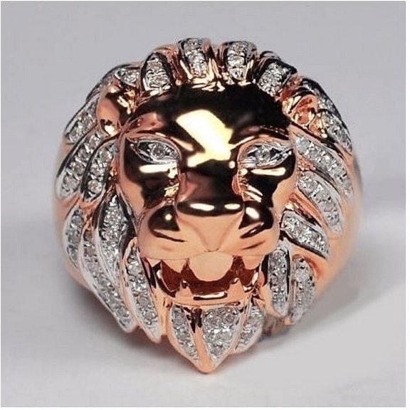 Lion Head Ring Metal Animal Ring with Alloy Inlaid Gems European Design Statement Ring Hand Jewelry for Men and Women Gold