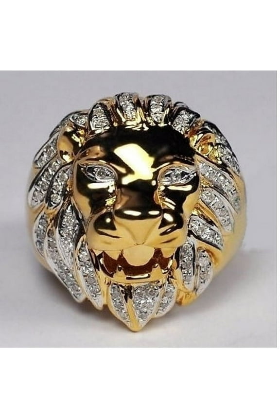 Lion Head Ring Metal Animal Ring with Alloy Inlaid Gems European Design Statement Ring Hand Jewelry for Men and Women Gold