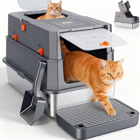 Stainless Steel Litter Box with Lid, Extra Large Enclosed Cat Litter Boxes for Big Cats Multiple, Metal Cat Litter Box with Mat, Dark Gray