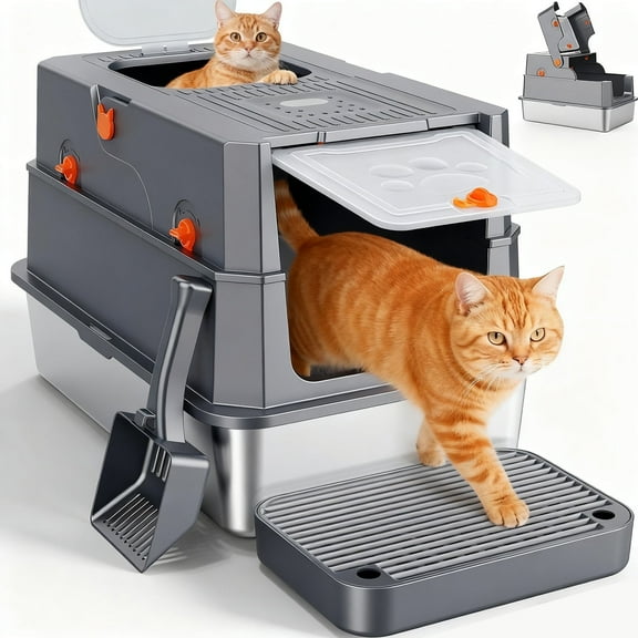 Stainless Steel Litter Box with Lid, Extra Large Enclosed Cat Litter Boxes for Big Cats Multiple, Metal Cat Litter Box with Mat, Dark Gray
