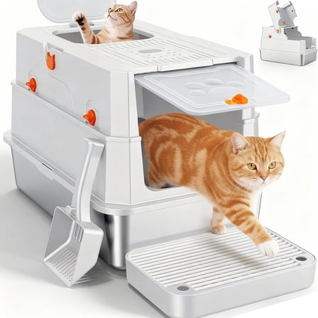 Stainless Steel Litter Box with Lid, Extra Large Enclosed Cat Litter Boxes for Big Cats Multiple, Metal Cat Litter Box with Mat, Silver Gray