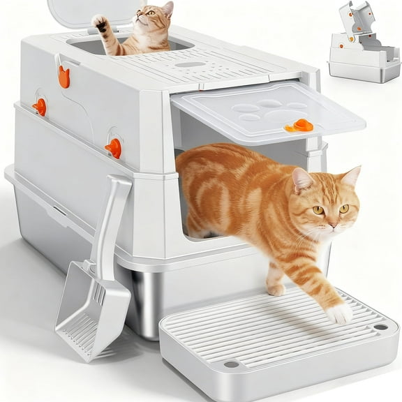 Stainless Steel Litter Box with Lid, Extra Large Enclosed Cat Litter Boxes for Big Cats Multiple, Metal Cat Litter Box with Mat, Silver Gray