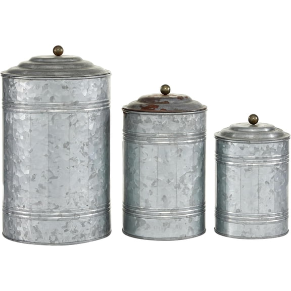 Metal Living Room Decorative Jars Galvanized Ribbed Decorative Container with Gold Ball Knobs, Set of 3 Jar with Lid 12", 9", 8"H, Gray