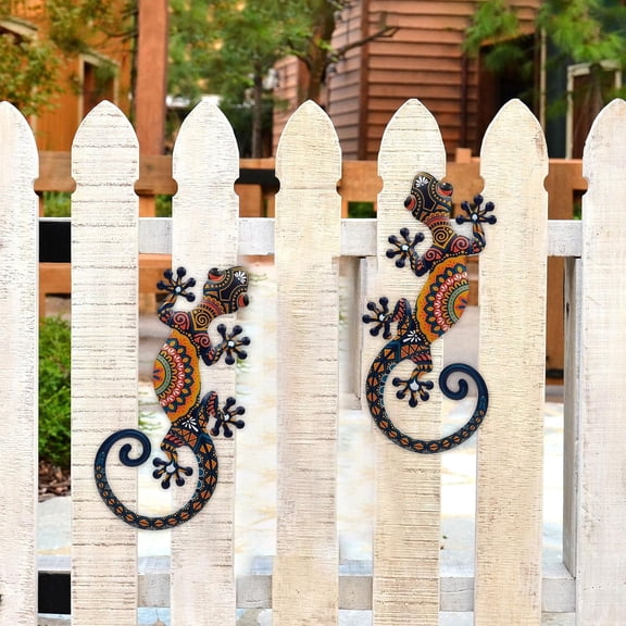 Metal Lizard Gecko Wall Art - 2 Pack 15 Inch Metal Wall Decor, Lizard Outdoor Hanging Glass Sculpture Decoration for Yard Garden Art,  Fence Home,  Gift Ideas