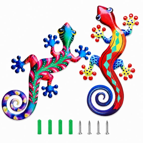 TSV 2pcs Metal Gecko Wall Decor, 15.7-Inch Colorful Lizard Wall Art with Mounting Hardware for Garden, Patio, Porch and Home