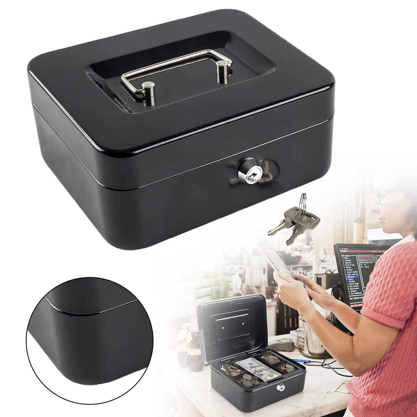 Metal Lock Box with Key, Removable Tray Medium Saving Organizer for Small Business