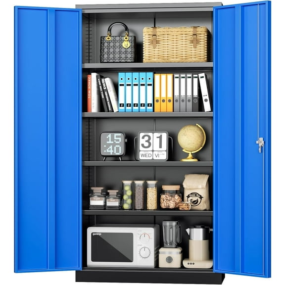 Metal Lockable Storage Cabinet, 72 H Storage Cabinet with 2 Doors and 4 Adjustable Shelves for Office, Home, Garage, Pantry (Assembly Required, 18D, Black Blue)