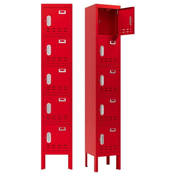 Metal Locker 5 Door Red - School Office Gym Storage - Steel Lockable Door with Card Slot - 66.15"H x 11.8"W x 11.8"D