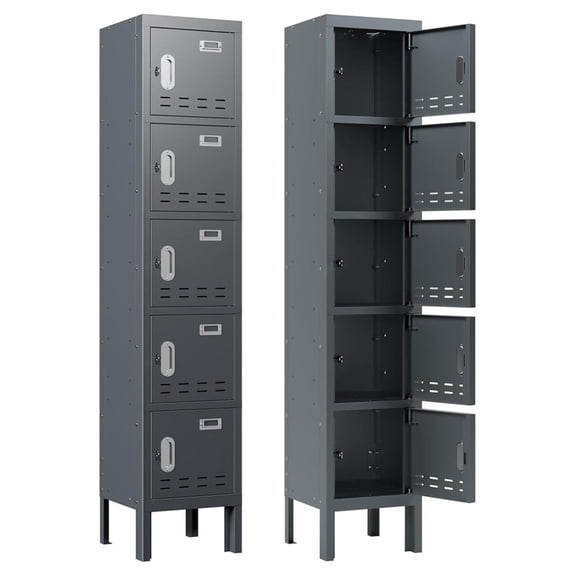 Metal Locker - 5 Door Steel Storage Lockers with Lock & Card Slot - School, Office, Gym - 66.15"H x 11.8"W x 11.8"D (Grey)