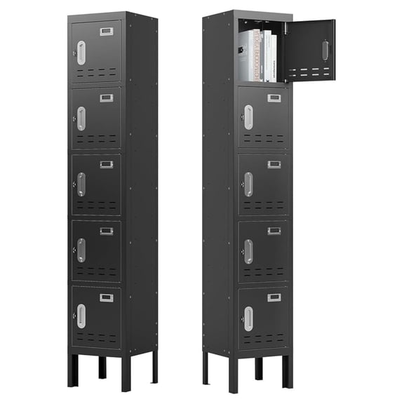 Metal Locker - 66" 5-Door Storage Lockers with Mirror - Employee Lockers for Gym, Office, School, Home - Black Steel Cabinet