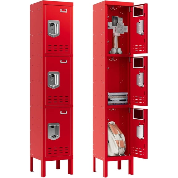 Metal Locker - 66" H x 12" W x 12" D, 3-Door Steel Storage Unit with Ventilation Holes, Adjustable Hat Shelf & Card Slot Assembly Required