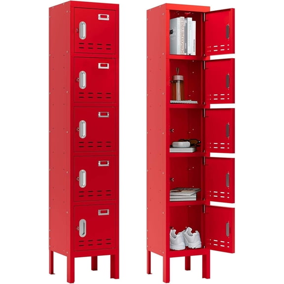 Metal Locker - 66" H x 12" W x 12" D, 5-Door Steel Storage Locker with Ventilation Holes, Card Slot & Recessed Hasp Assembly Required
