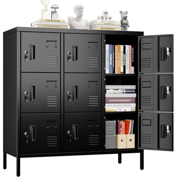 Metal Locker with 9 Doors, Lockable Storage Unit with Keys and Card Slots, Black Office or School Locker, 15.79" D x 35.51" W x 37.8" H, Assembly Required