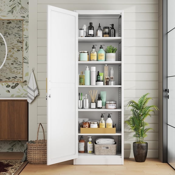 Metal Locker Cabinet, 19.7’’W Narrow Lockable Single File Storage Cabinet, Bathroom Cabinet with Lock and Adjustable Shelves for Living Room, Home Office, Dining Room, White