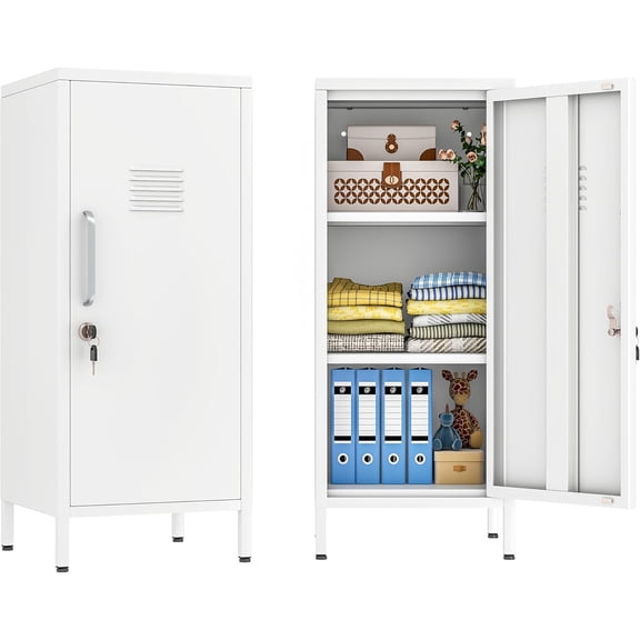 Metal Locker Cabinet, 35.4" H Home Office Storage Lockers, Vertical Steel Storage Cabinet with Locking Door and 2 Adjustable Shelves, Garage Tool File Cabinets for Home Office,Garage,Bathroom,White