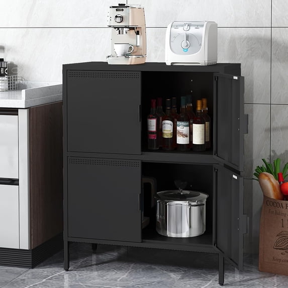 Elegant Metal Locker Cabinet with 4 Doors, Metal Accent Cabinets,Home Office Storage Lockers Sideboard for Kitchen, Living Room, Entryway,Black
