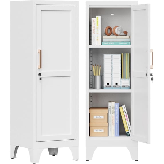 Metal Locker Cabinets with 1 Lockable Door and 2 Adjustable Shelves for File Storage,46" H White Small Locking Cabinet with 2 Keys for Bathroom,Office,School,Easy Assembly