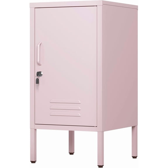 Metal Locker End Table with 2 Adjustable Shelves, Modern Storage Cabinet with Locking Door and Anti-Tip Design, Side Table for Living Room Bedroom Office, Pink