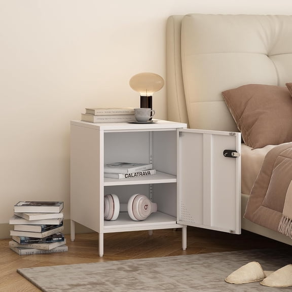 Metal Locker End Table Single Door Nightstand Lockable Bedside Table Storage Cabinet for Bedroom, Dorm, 21.26”H X 15.75”W X 15.75”D (1 Door, White)