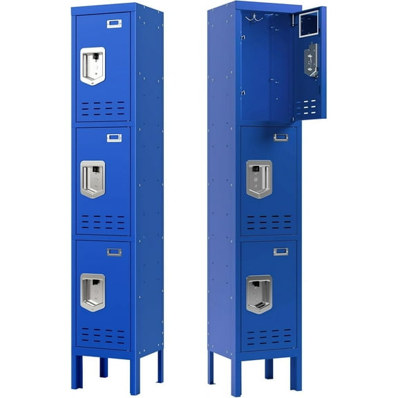 Metal Locker with 3 Doors - Employees Locker with Hooks, 66" Storage Cabinet for Home, Office, Gym - Blue, Requires Assembly